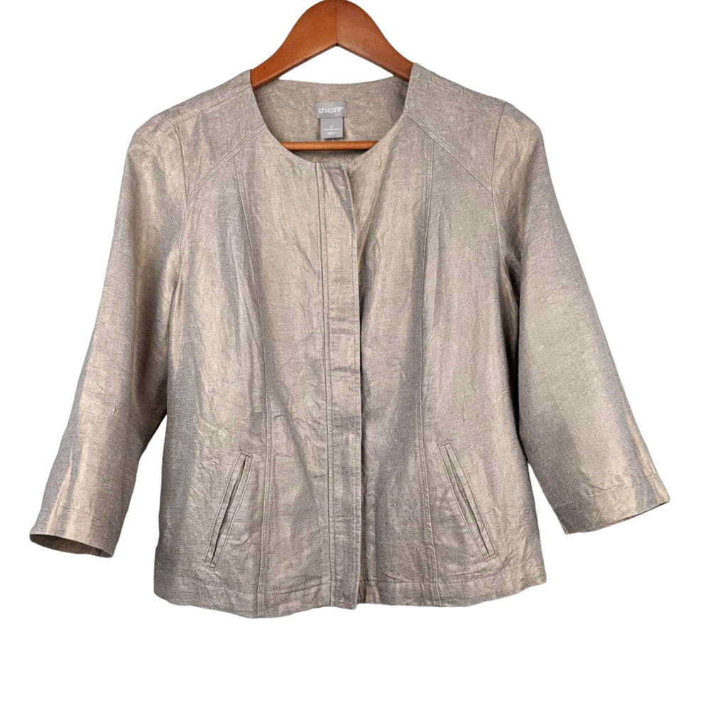 Chicos Linen Jacket Blazer Foiled Metallic Zip 3/4 Sleeve Work Office Summer S